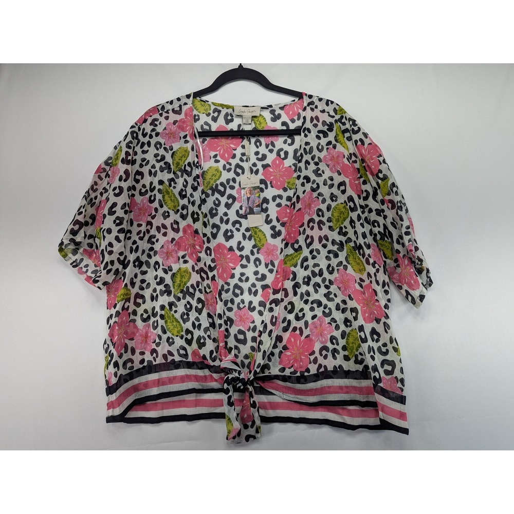 Charlie Paige Leopard Floral Tie Front Kimono Wrap Top Pink White S/M NWT